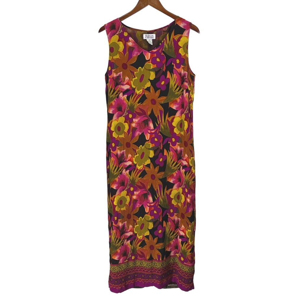 Style&co Vintage‎ Women's Silk Crinkle Floral Midi Dress 10 Bright Boho Chic Y2K
